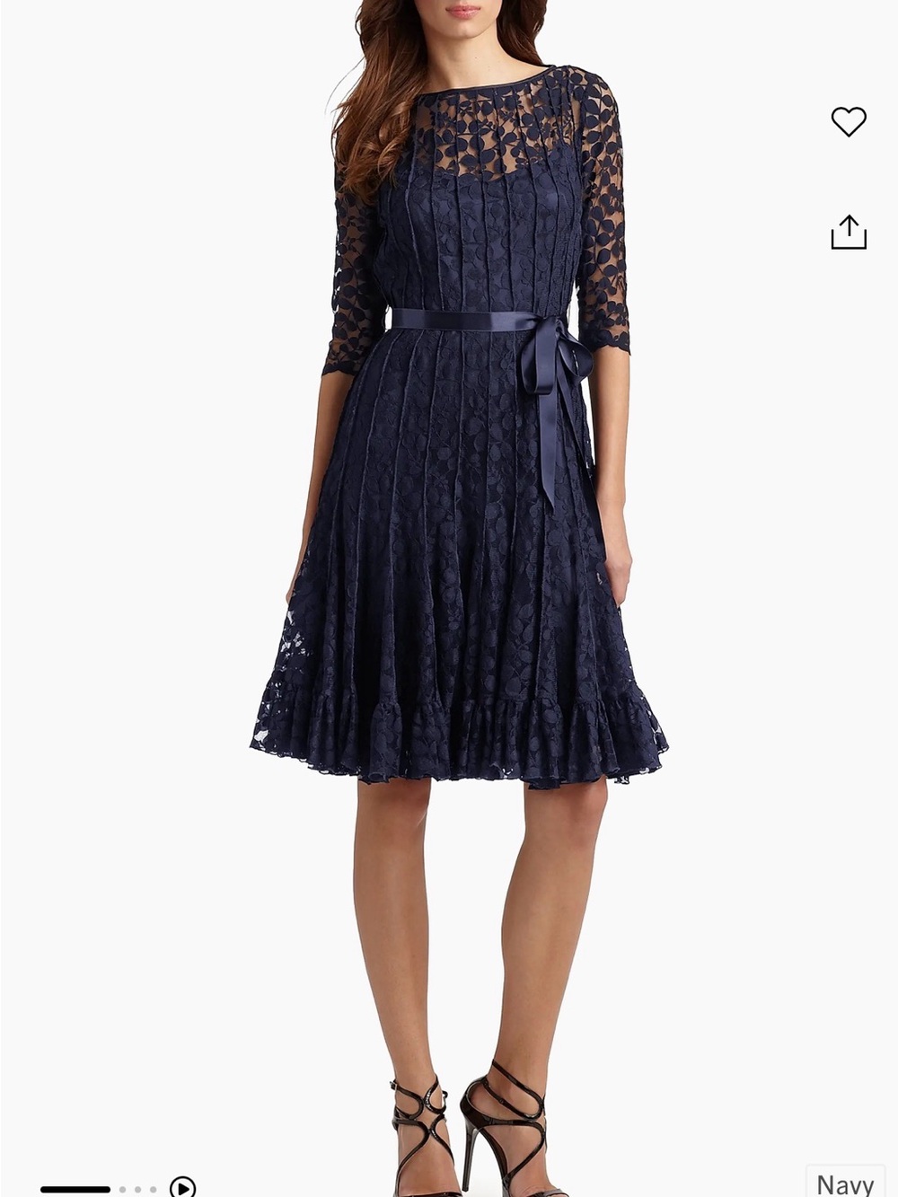 Navy Lace beautiful pintucked Terri Jon dress with satin belt still in stock .